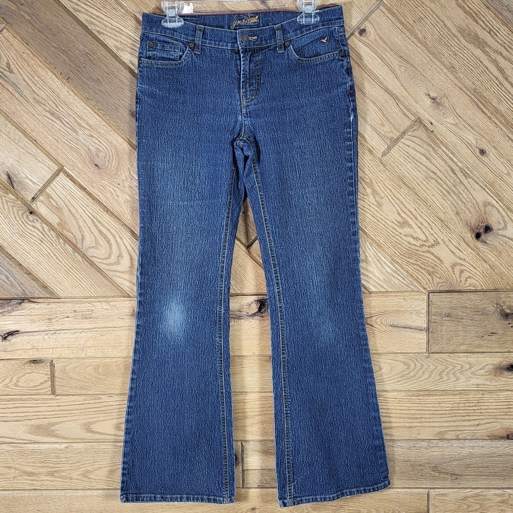 Grane Flare Jeans Junior Womens Size 7 Blue Embroidered Hummingbird Low Rise Y2K